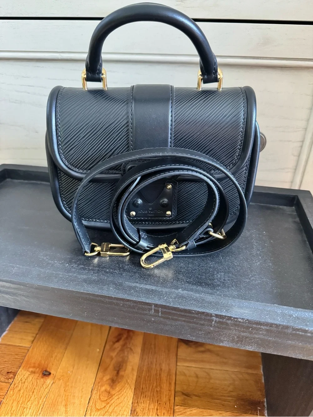 Louis Vuitton Black Leather Top-Handle Satchel with Gold Hardware